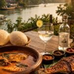 Goan fish curry, rice, local bread and accompaniments arranged for a Goa food guide.