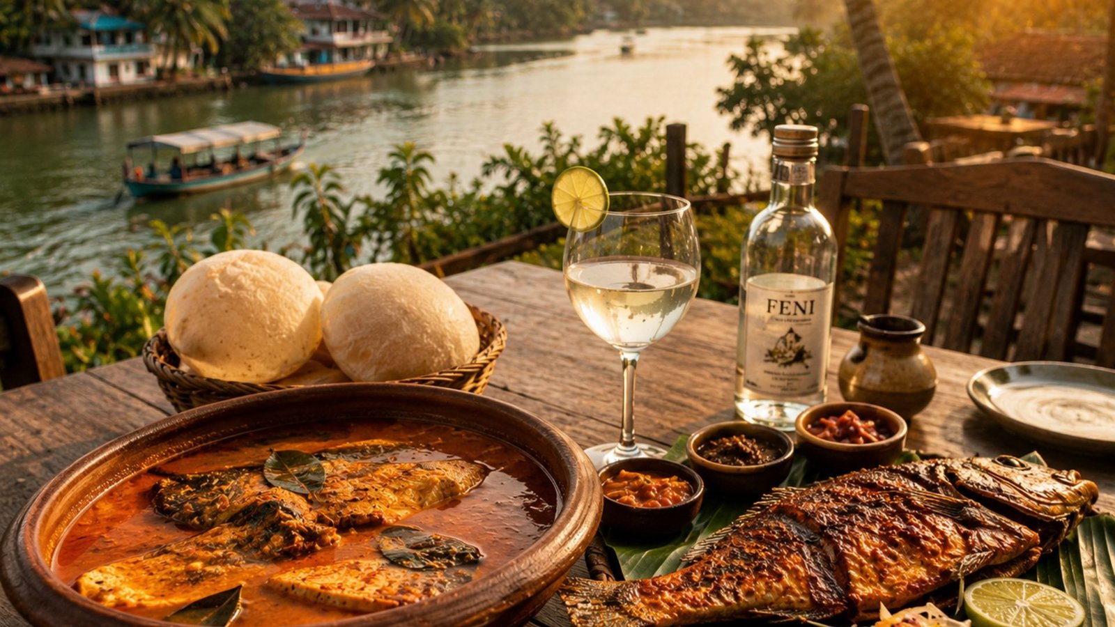 Goan fish curry, rice, local bread and accompaniments arranged for a Goa food guide.