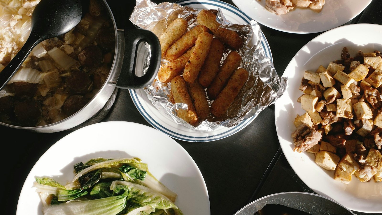 A diverse food spread representing modern food culture