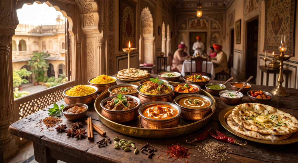 Royal Indian feast in traditional copper handi vessels