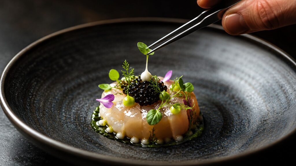 Avant-garde modern Indian tasting menu dish with molecular gastronomy plating.