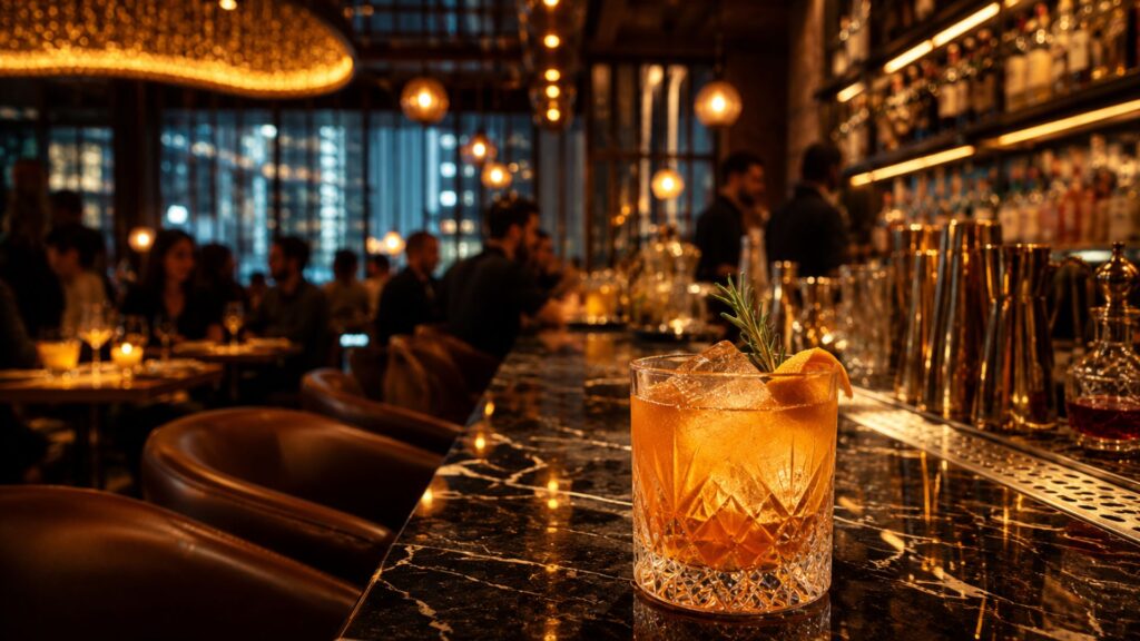 Craft cocktail on a marble bar inside a luxury Indian restaurant