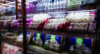 Shelves of packaged foods in a grocery store