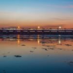 Durgapur Barrage and the river beneath a colourful evening sky