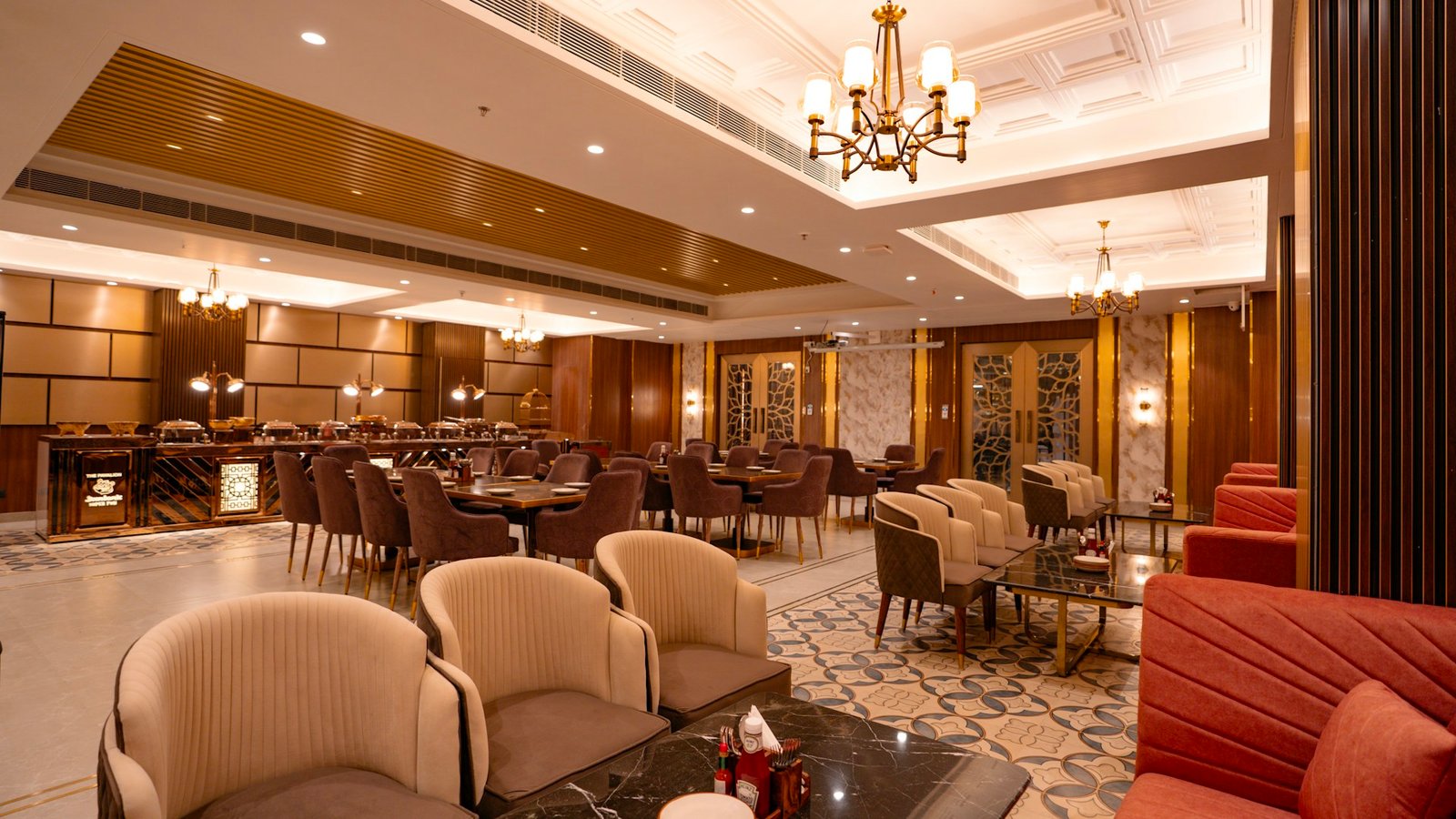 Modern restaurant dining interior with tables and upholstered seating