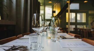 Set restaurant dining table with glasses and place settings