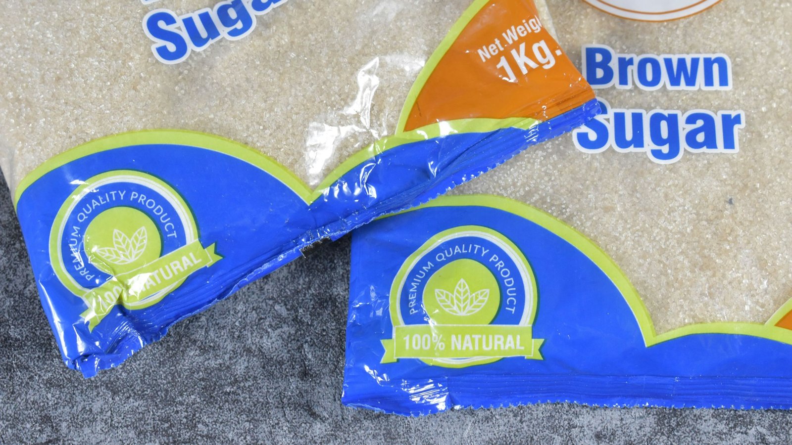 Two bags labelled brown sugar photographed in close-up