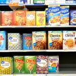 Boxes of breakfast cereal arranged on supermarket shelves in the United States